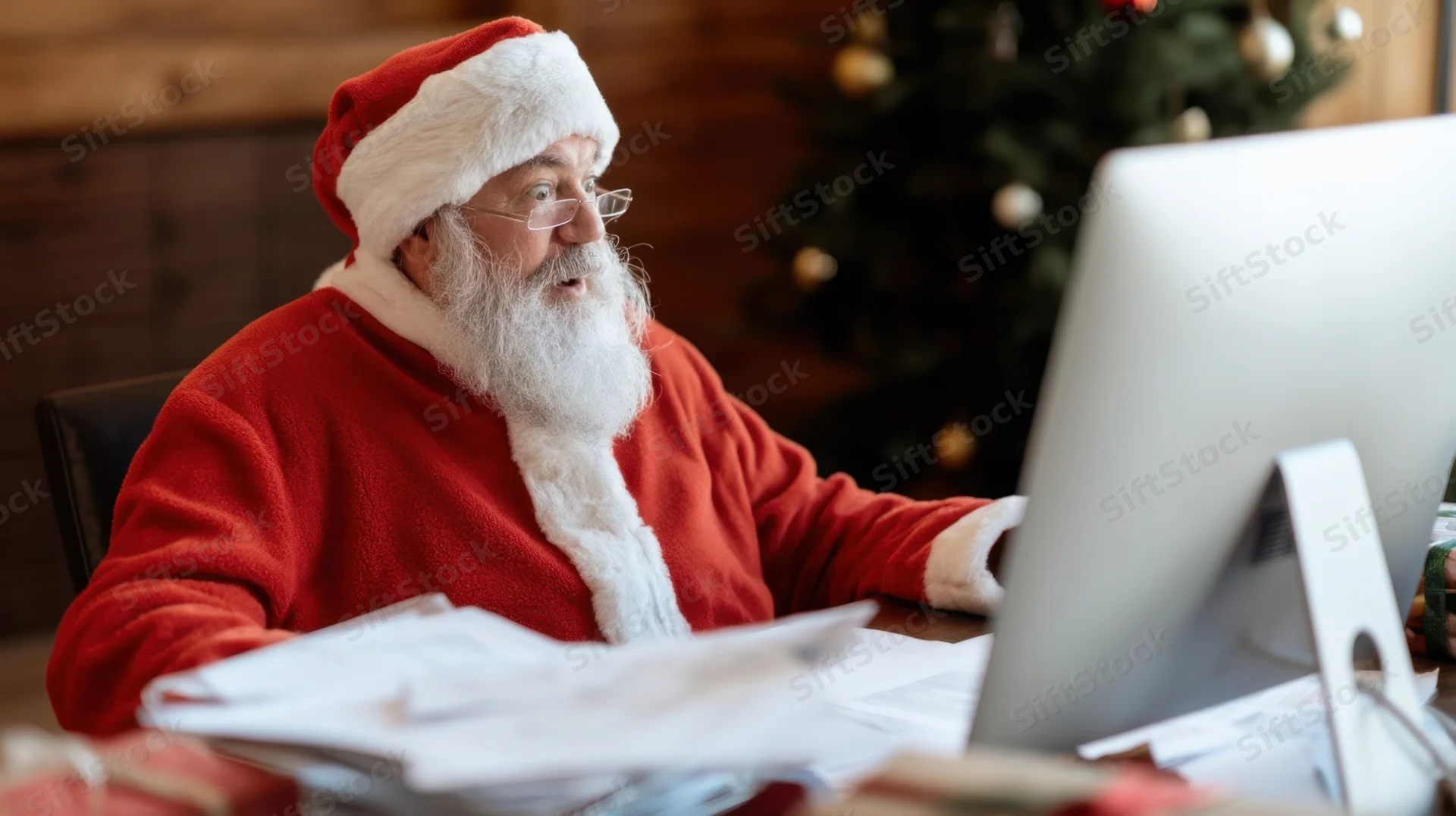 Santa claus working at a computer in an office with papers and a christmas tree in the background