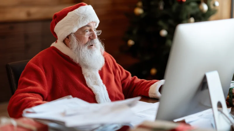 Santa claus working at a computer in an office with papers and a christmas tree in the background