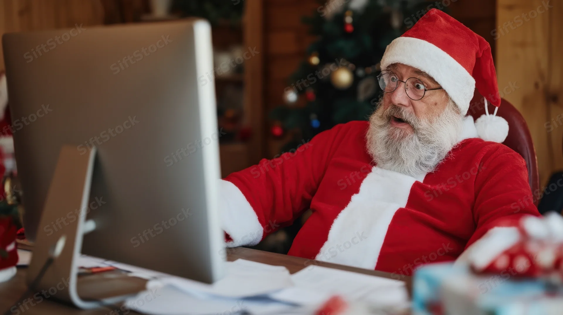 Santa in red suit with white beard and glasses sitting at desk looking surprised at computer monitor in office with christmas tree in background