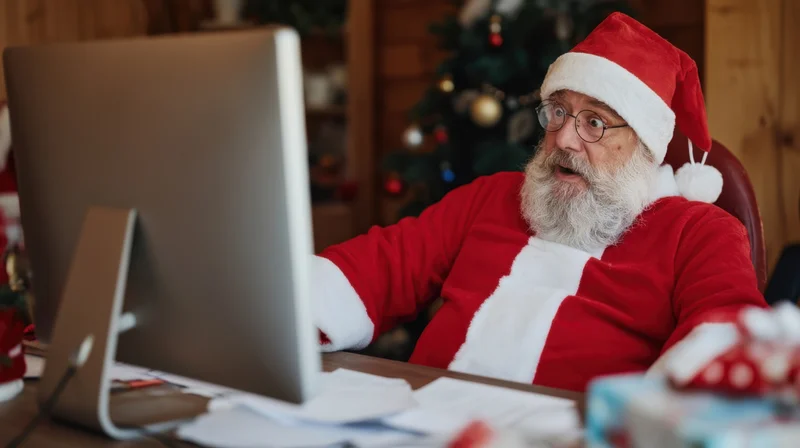 Santa in red suit with white beard and glasses sitting at desk looking surprised at computer monitor in office with christmas tree in background