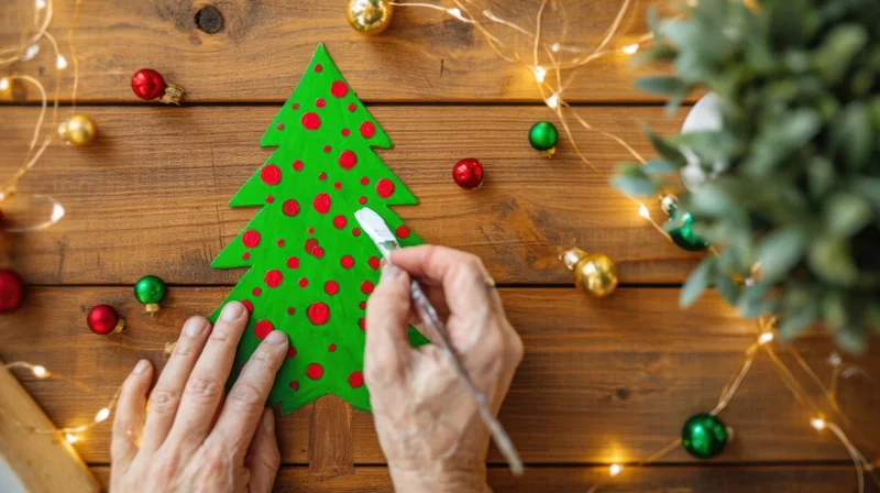 Senior woman painting red dots on a green wooden christmas tree cutout on a wooden table surrounded by holiday lights and ornaments