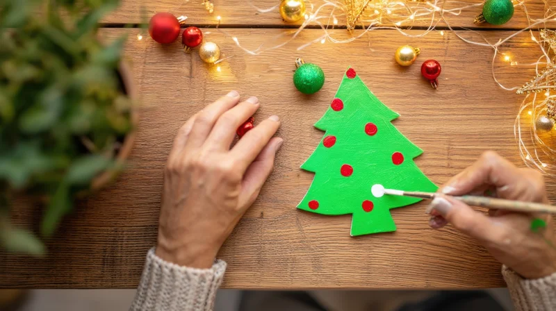 Woman painting a green christmas tree cutout with red dots on a wooden table surrounded by ornaments and fairy lights