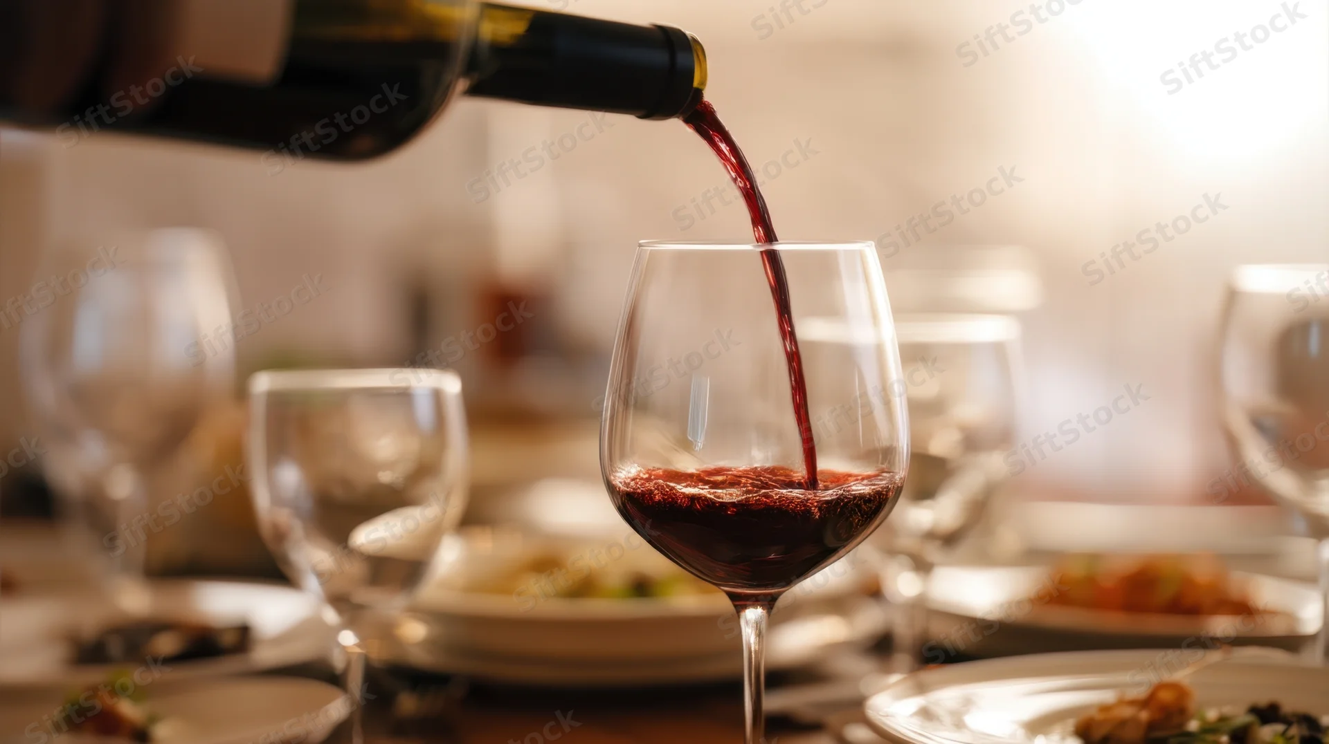 Red wine being poured into a glass at a set dining table during an evening meal