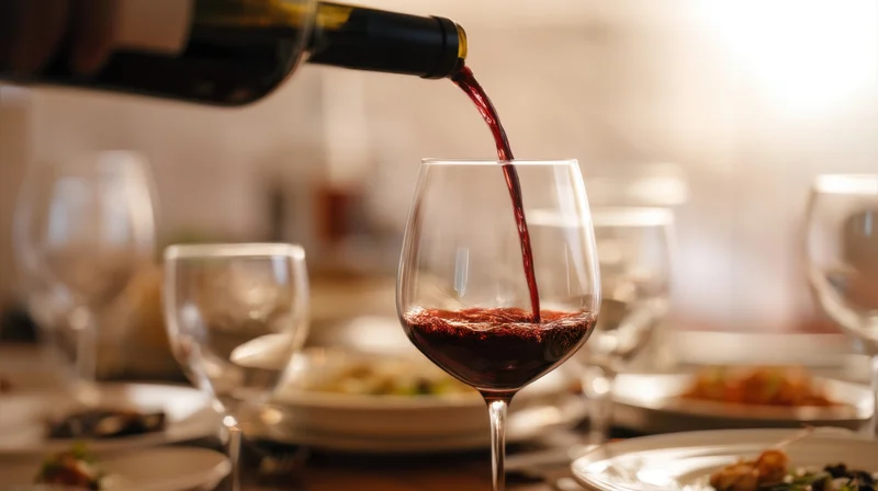 Red wine being poured into a glass at a set dining table during an evening meal
