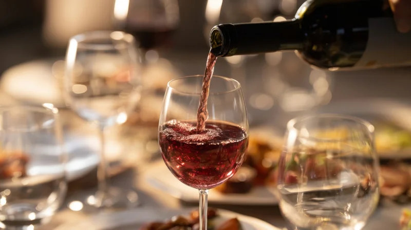 Red wine being poured into a glass at a dinner table with plates and other glasses around