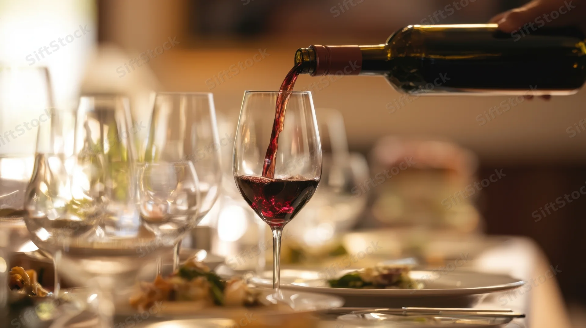 Red wine being poured into a glass at a set dining table during an evening meal