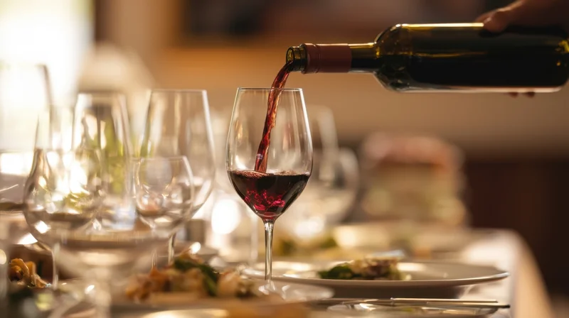 Red wine being poured into a glass at a set dining table during an evening meal