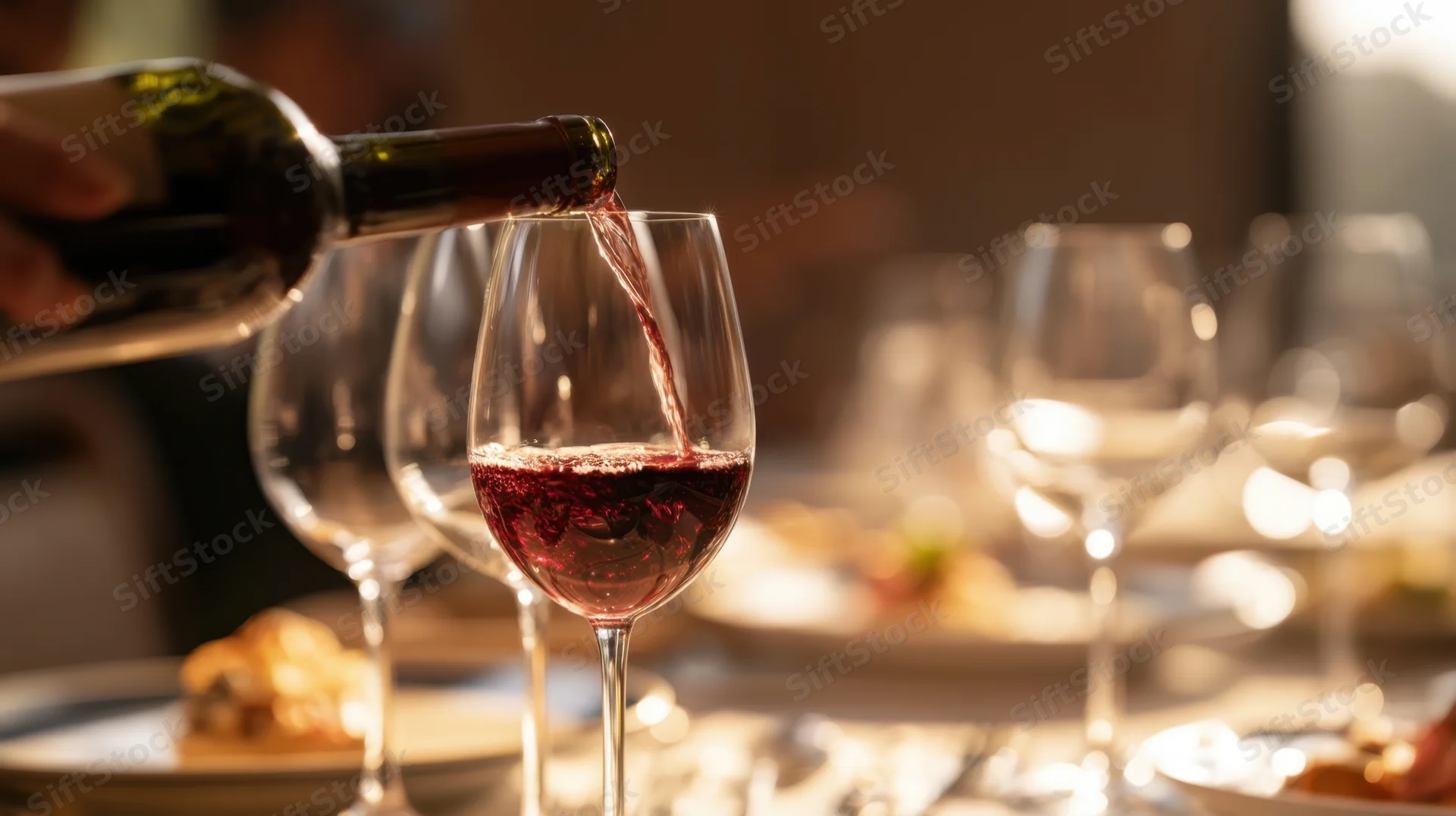 Red wine being poured into a glass at a dining table set for dinner