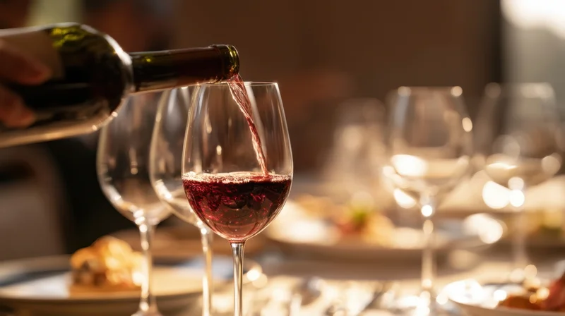 Red wine being poured into a glass at a dining table set for dinner