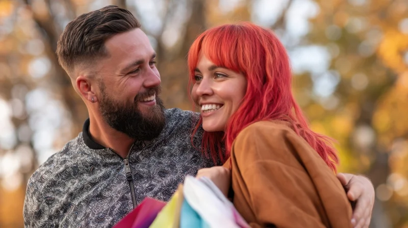 Couple smiling and embracing outdoors in autumn park with colorful shopping bags