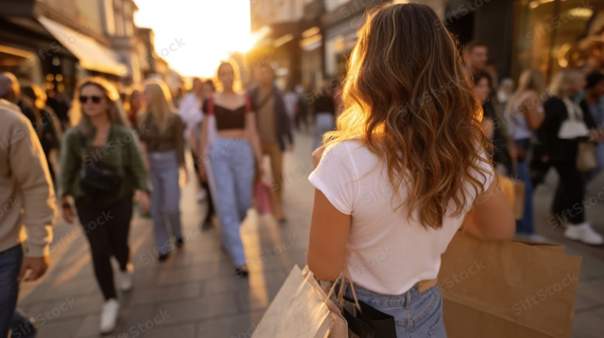 Woman walking down a busy city street carrying shopping bags at sunset