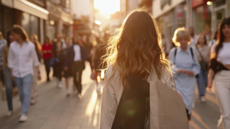 Woman walking down city street with shopping bags at sunset