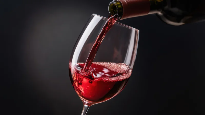 Red wine being poured from a bottle into a glass against a dark background