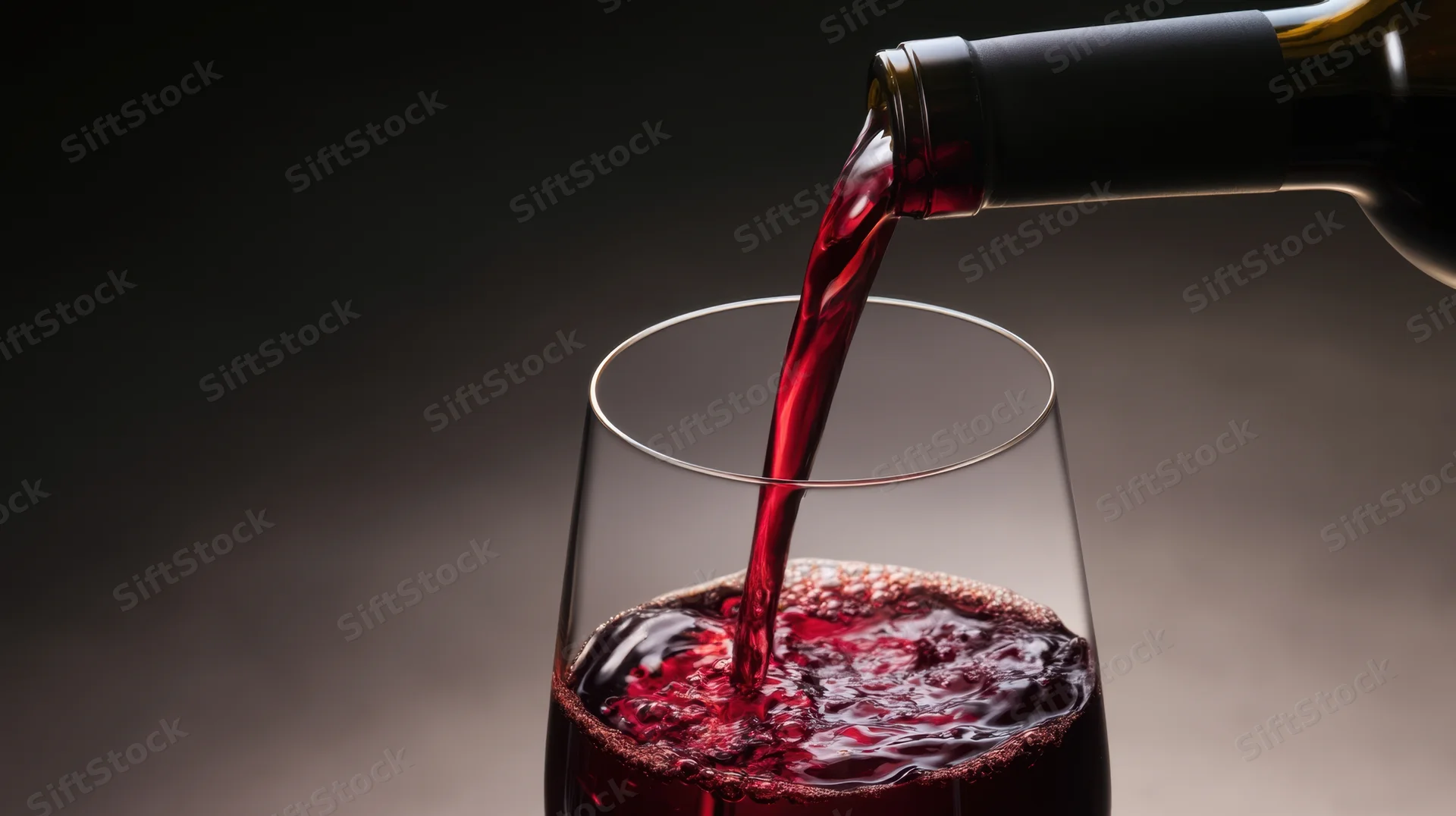 Red wine pouring from a bottle into a glass against a dark background