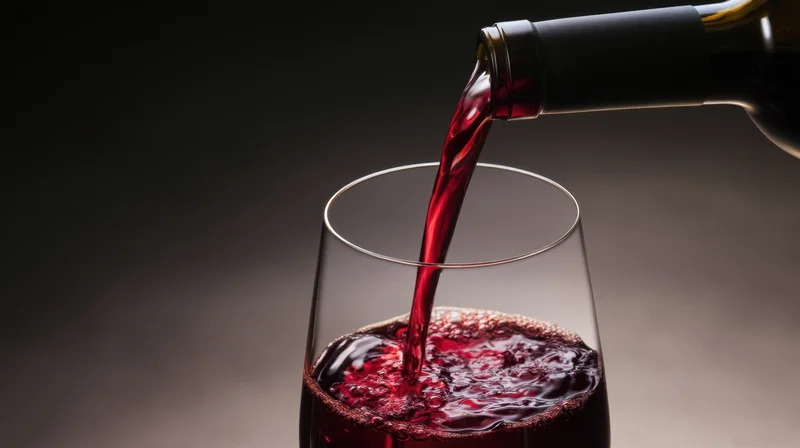 Red wine pouring from a bottle into a glass against a dark background