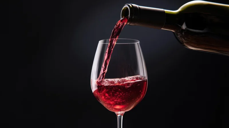 Red wine pouring from a bottle into a glass against a dark background