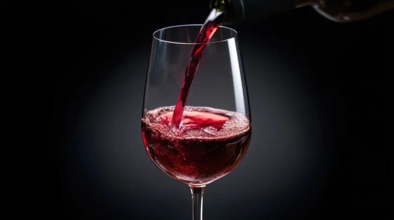 Red wine being poured into a glass against a dark background