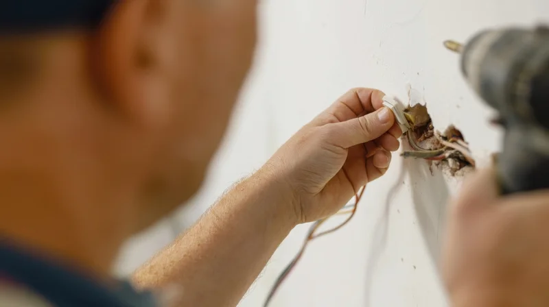 Electrician repairing wall wiring with drill and hand tools in residential interior
