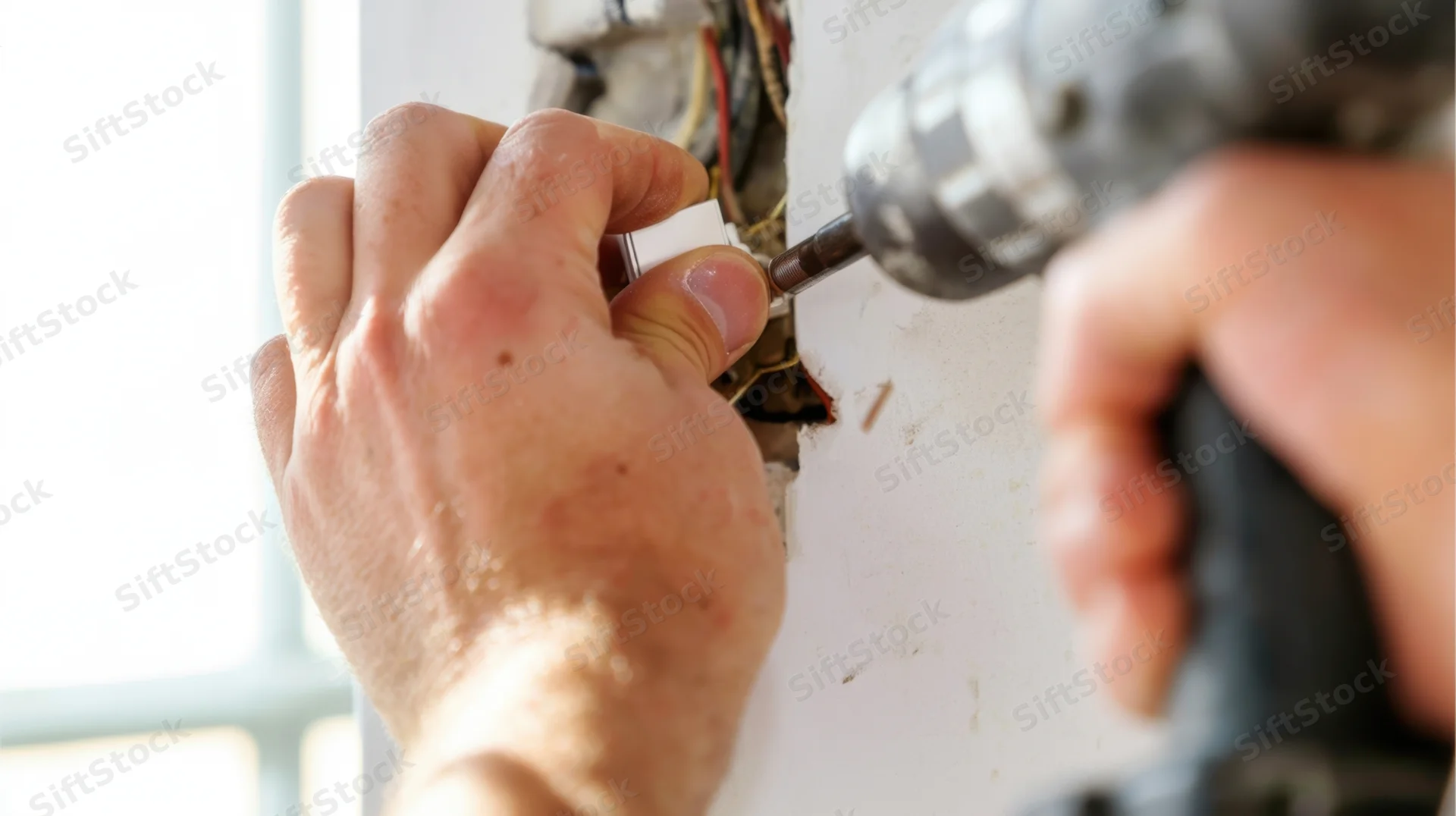 Hands drilling a screw into a wall socket during electrical installation