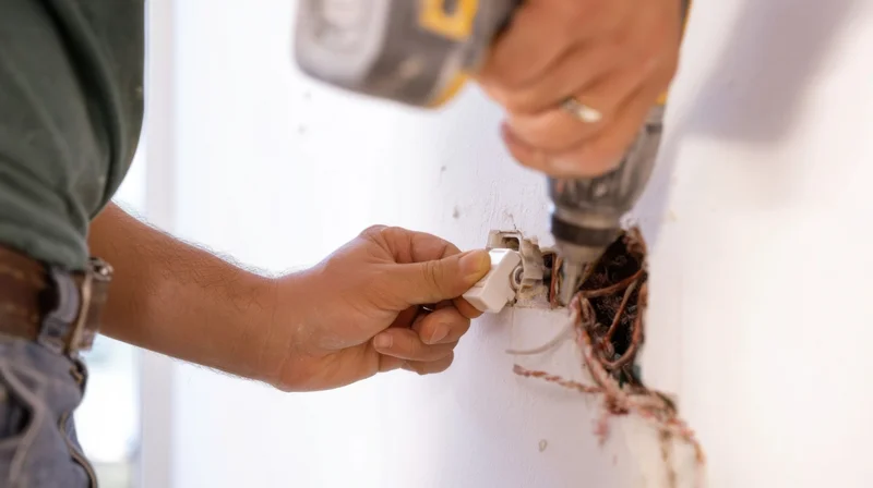 Electrician installing electrical outlet in wall with drill and hand tools