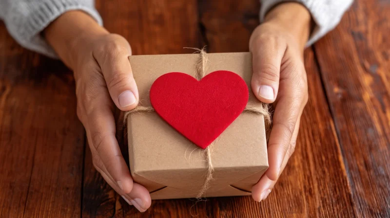 Hands holding a small gift box wrapped in kraft paper with a red heart and twine on a wooden table