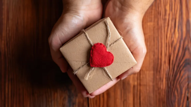 Hands holding a small gift box wrapped in brown paper with a red felt heart and twine on a wooden surface
