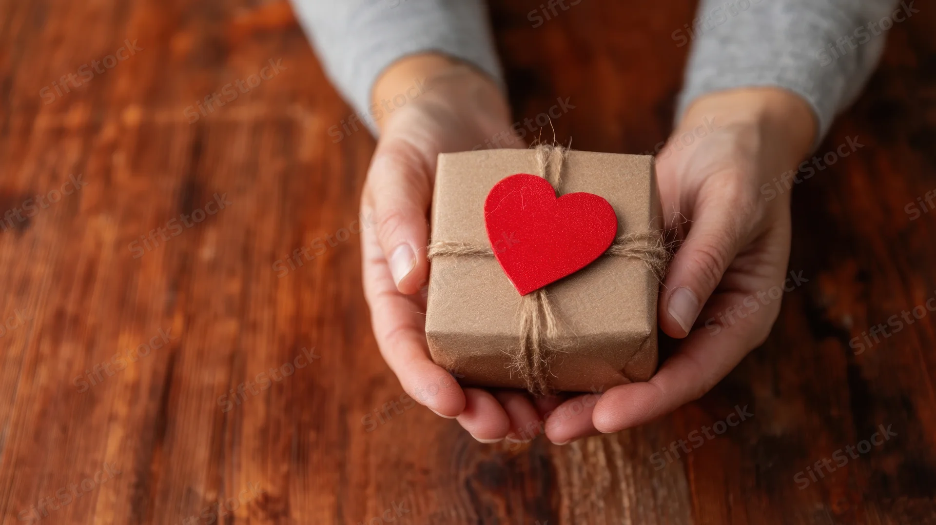 Woman holding small wrapped gift with red heart on wooden table