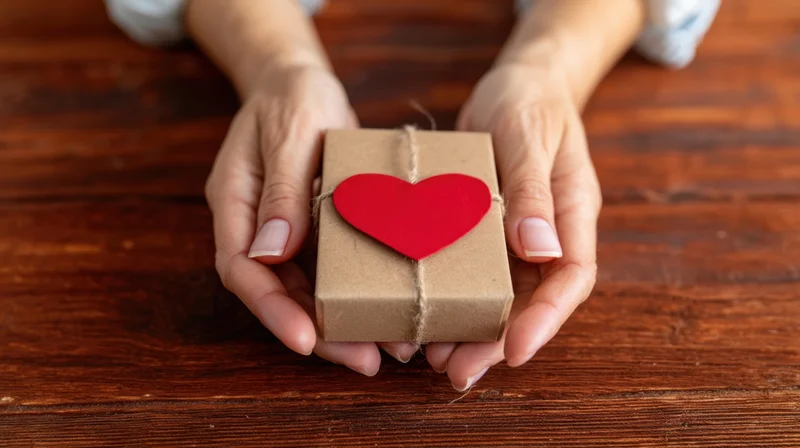 Woman's hands holding a small wrapped gift with a red heart on a wooden table