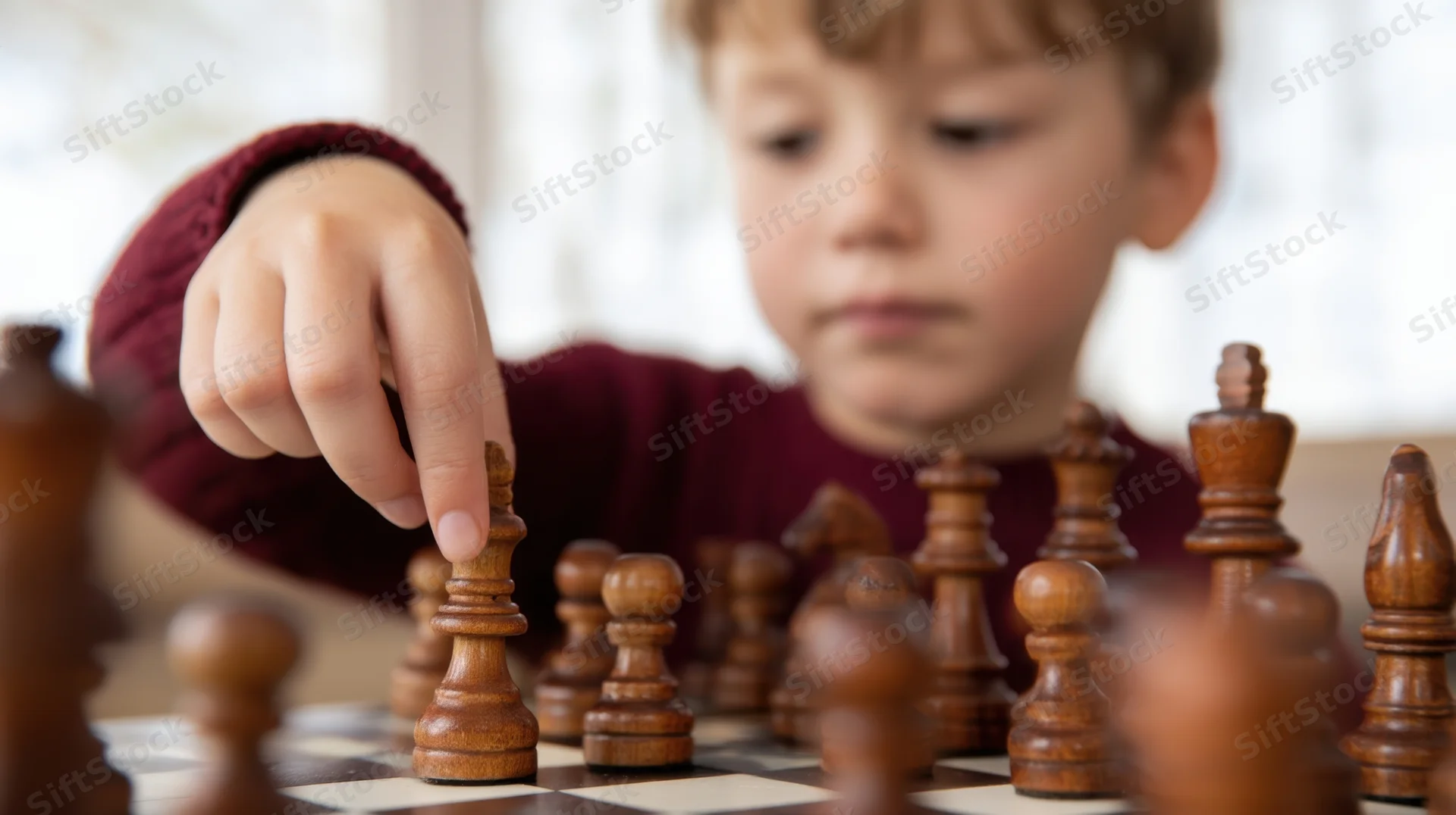 Young boy concentrating while playing chess indoors, hand moving a wooden piece on a checkered board