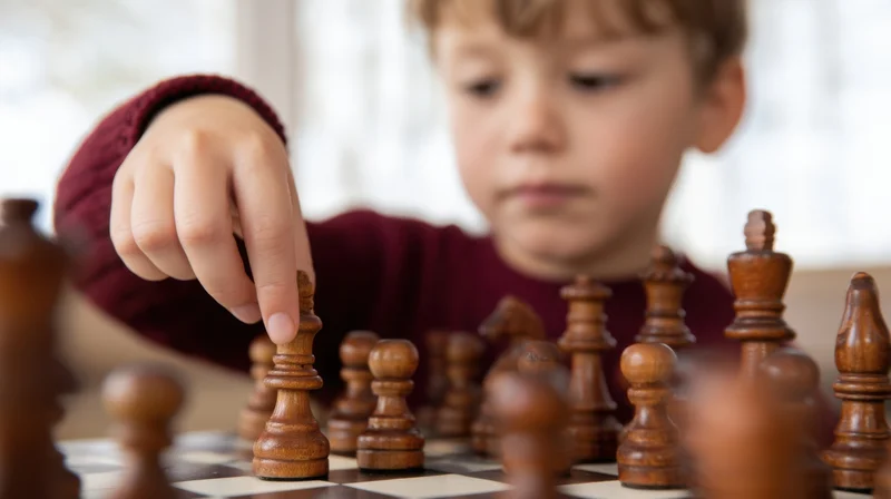 Young boy concentrating while playing chess indoors, hand moving a wooden piece on a checkered board