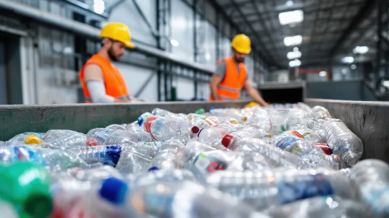 Plastic bottles in a bin at a recycling facility with workers sorting in the background