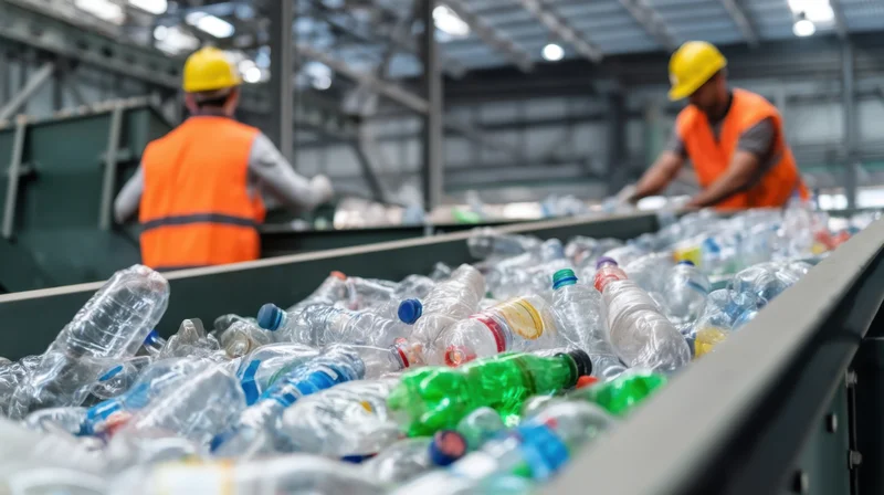 Plastic bottles moving on conveyor belt in recycling facility with workers sorting in background