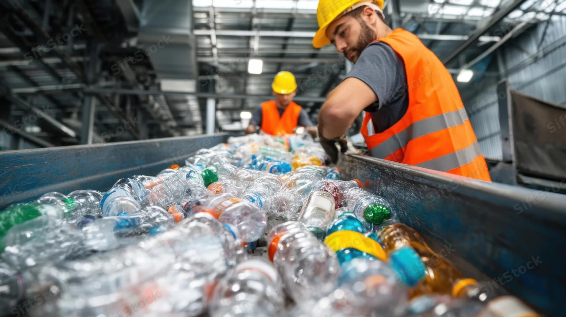 Worker sorting plastic bottles on conveyor in recycling factory