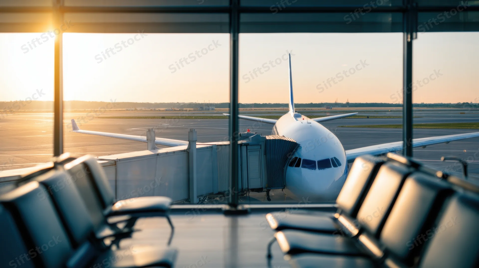 View from airport terminal window showing airplane at gate during sunset