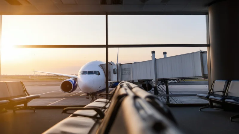 View from airport terminal window showing airplane at gate during sunset