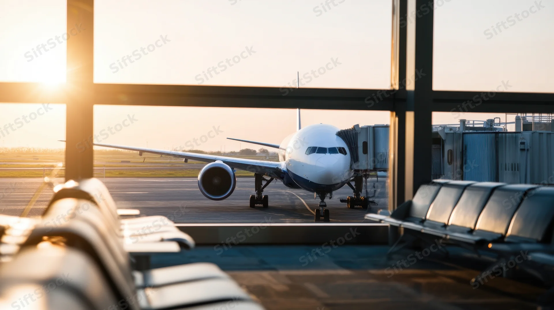 Airplane at gate viewed through terminal window from waiting seating area at sunset