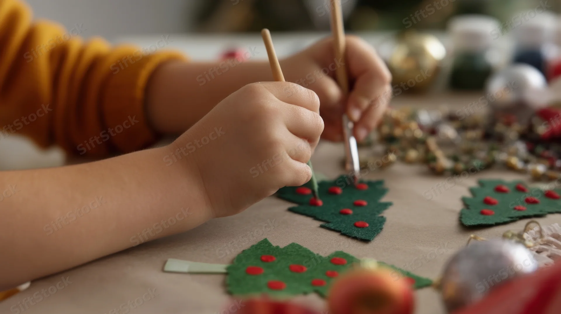Child’s hands painting red dots on green felt christmas trees at a crafting table