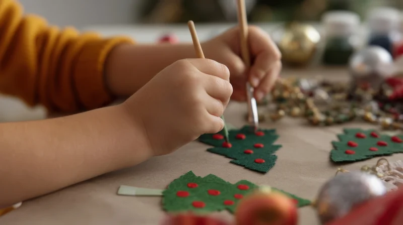 Child’s hands painting red dots on green felt christmas trees at a crafting table