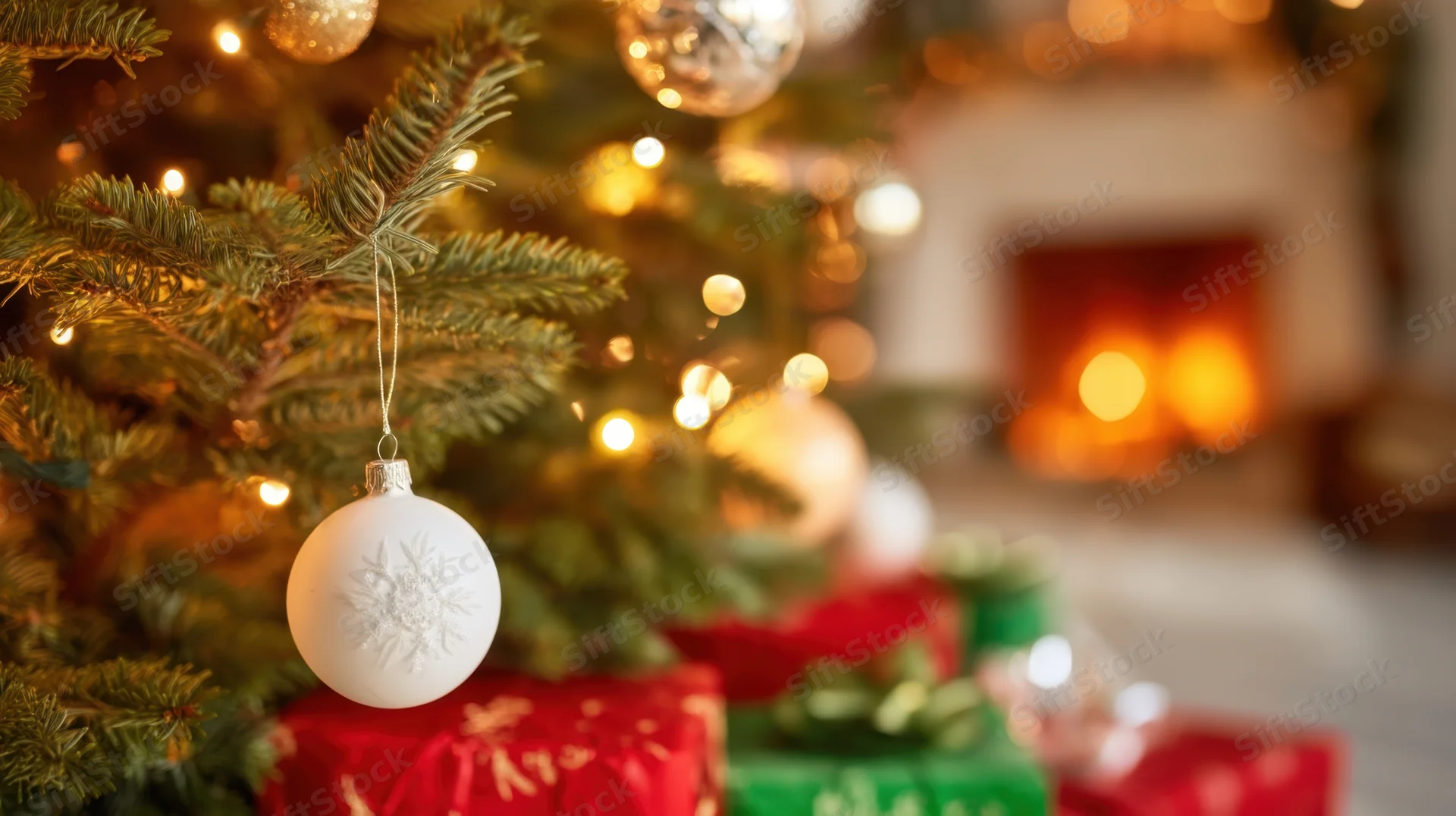 Close-up of a white snowflake ornament hanging on a christmas tree with wrapped gifts and a glowing fireplace in the background