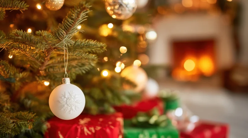 Close-up of a white snowflake ornament hanging on a christmas tree with wrapped gifts and a glowing fireplace in the background