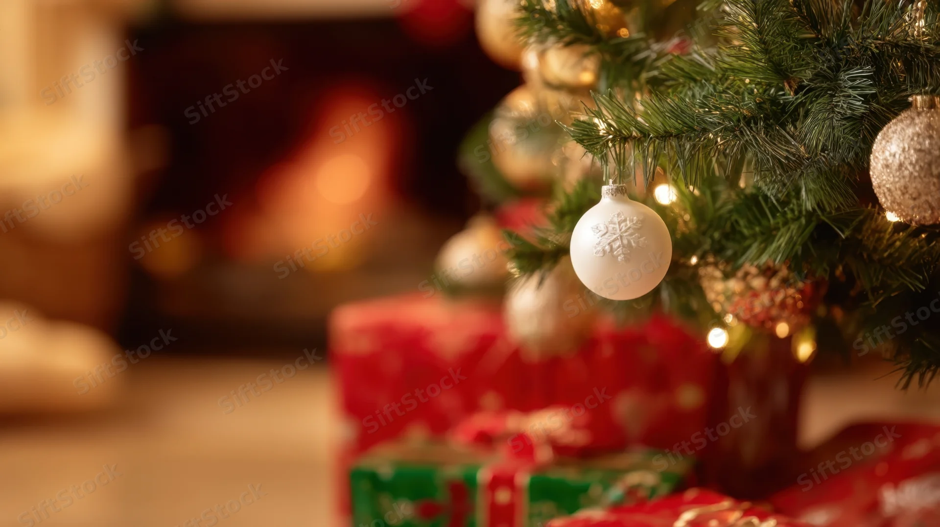 Christmas tree decorated with ornaments and lights beside wrapped gifts near a fireplace