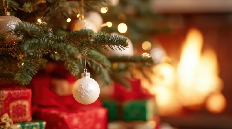 Christmas tree branch with ornaments and gifts near a fireplace