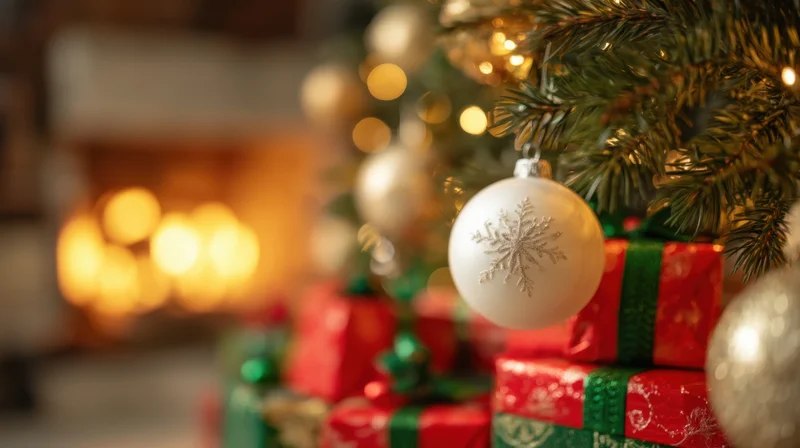White snowflake ornament hanging on a christmas tree above wrapped gifts near a glowing fireplace