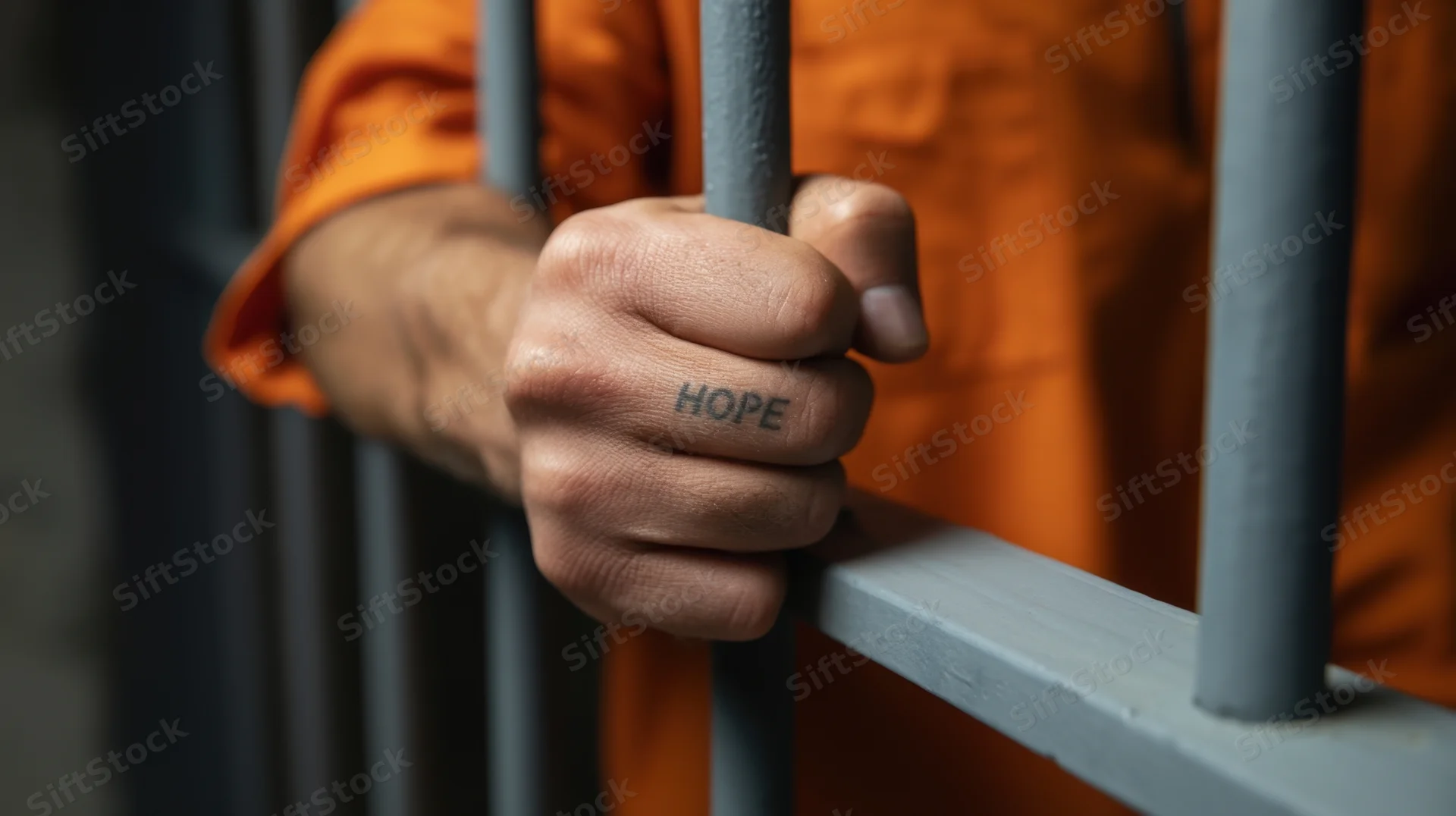 Inmate's hand gripping prison bars with hope tattoo on finger