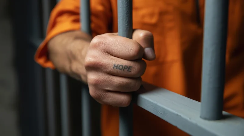Inmate's hand gripping prison bars with hope tattoo on finger