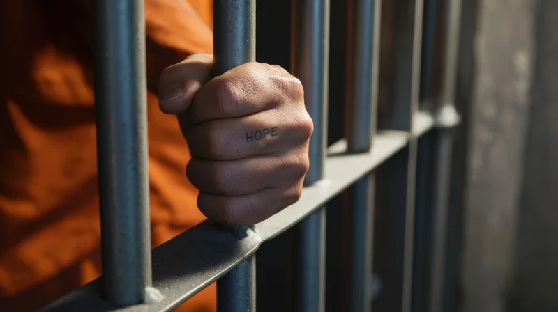 Inmate's hand gripping prison bars with hope tattoo on knuckle, wearing orange uniform