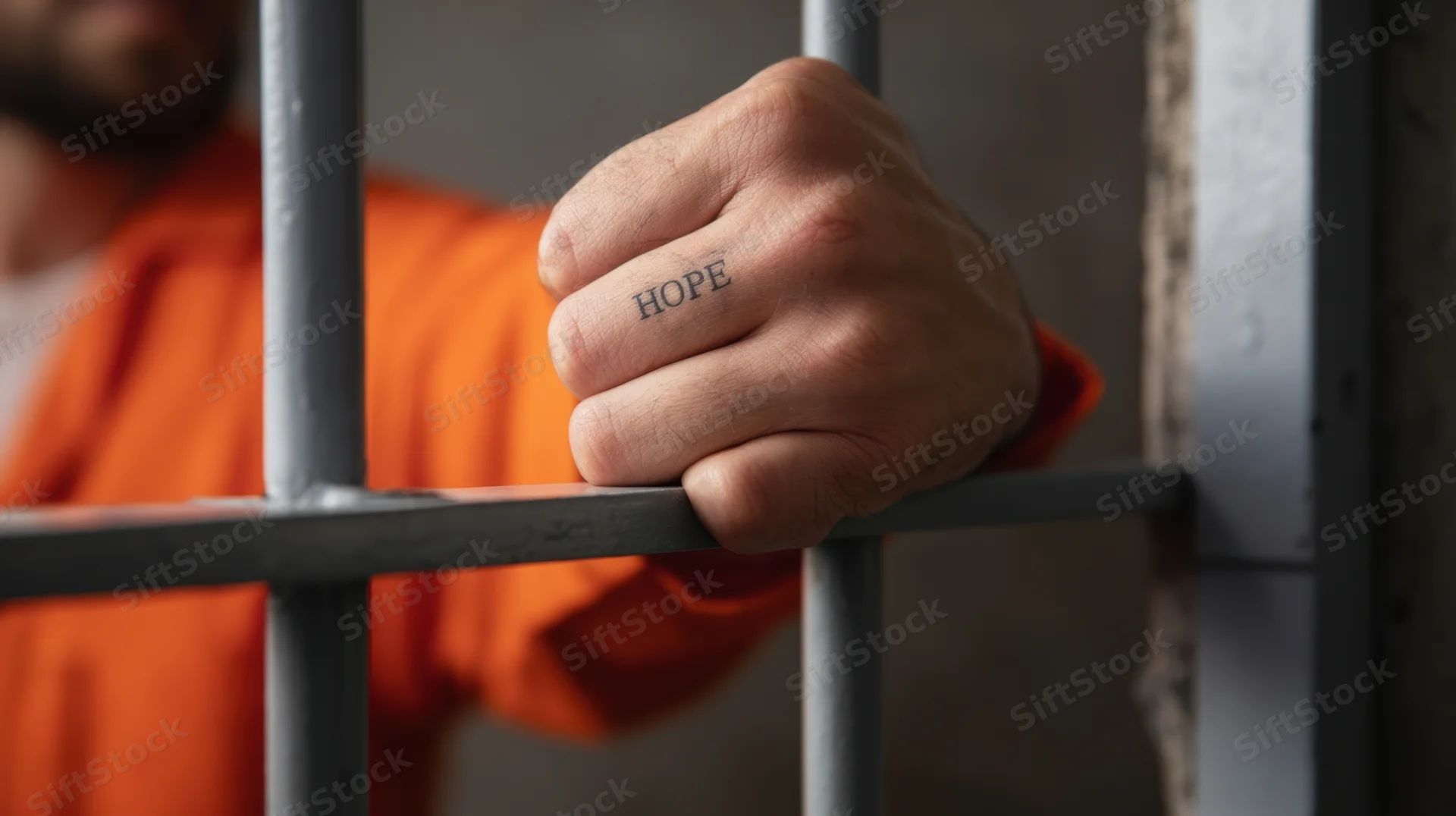 Inmate's hand with hope tattoo gripping prison bars in cell