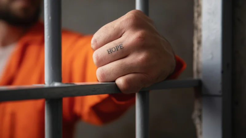 Inmate's hand with hope tattoo gripping prison bars in cell