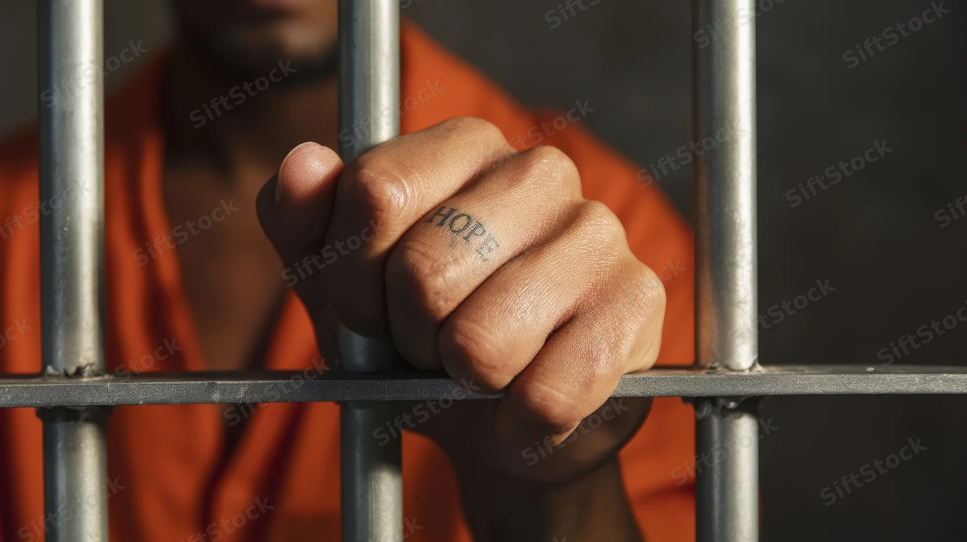 Hand gripping prison bars with hope tattoo on finger, inmate in orange uniform behind metal bars