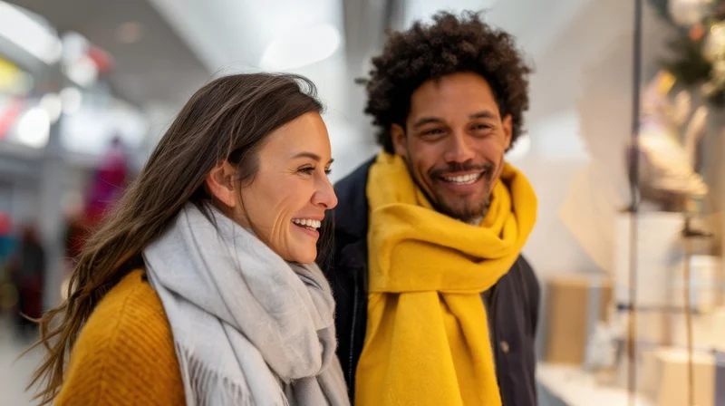 Smiling couple browsing store window display together in winter clothing